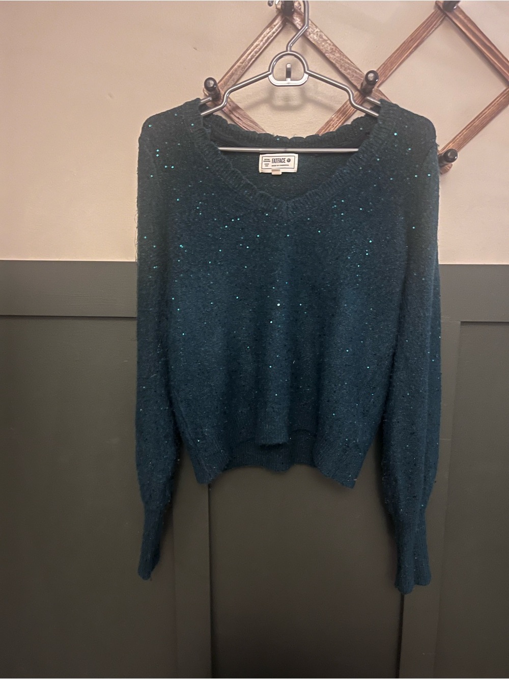 Fat Face Teal Sequin V-Neck Sweater